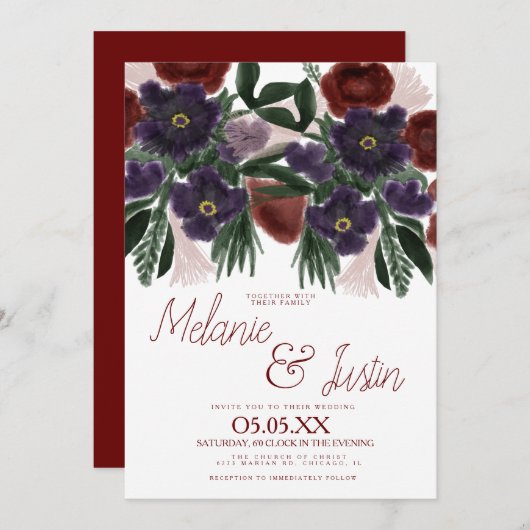 Watercolor Burgundy Bold Bouquet BlumenWedding Einladung (Vorne/Hinten)