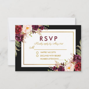 Watercolor Burgundy Floral Black Gold Wedding RSVP Karte