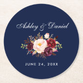 Watercolor Burgundy Floral Blue Wedding Runder Pappuntersetzer (Vorderseite)