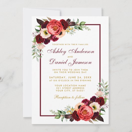 Watercolor Burgundy Floral Boho Wedding Gold BW Einladung (Vorderseite)