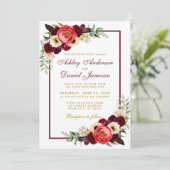 Watercolor Burgundy Floral Boho Wedding Gold BW Einladung (Stehend Vorderseite)