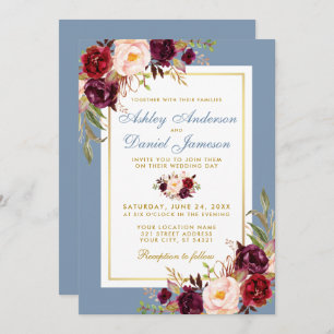 Watercolor Burgundy Floral Dusty Blue Wedding Einladung