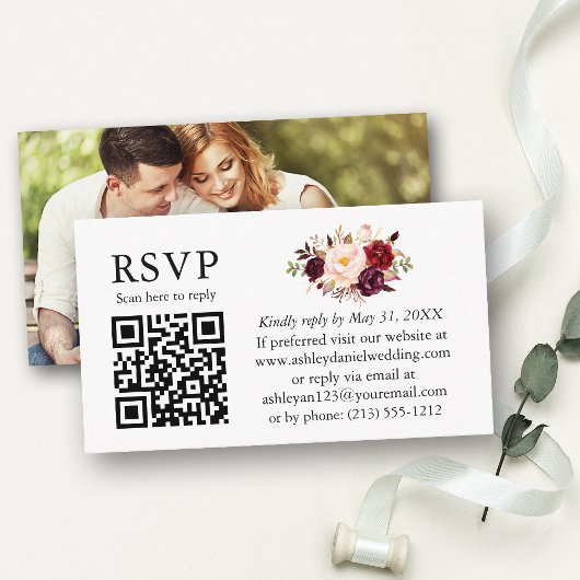 Watercolor Burgundy Floral Foto Wedding QR UAWG Begleitkarte