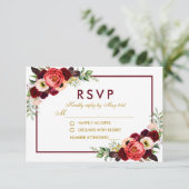 Watercolor Burgundy Floral Gold Boho Wedding RSVP (Stehend Vorderseite)