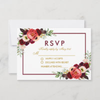 Watercolor Burgundy Floral Gold Boho Wedding RSVP
