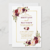 Watercolor Burgundy Floral Gold Frame Wedding Einladung (Vorderseite)