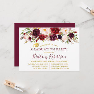 Watercolor Burgundy Floral Gold Graduation Party Einladung