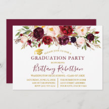 Watercolor Burgundy Floral Gold Graduation Party