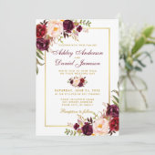 Watercolor Burgundy Floral Gold Hochzeit Einladung (Stehend Vorderseite)