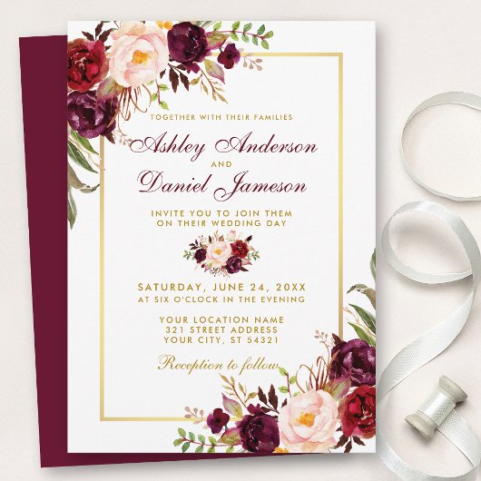 Watercolor Burgundy Floral Gold Hochzeit Einladung