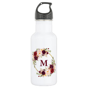 Watercolor Burgundy Floral Gold Monogram Edelstahlflasche