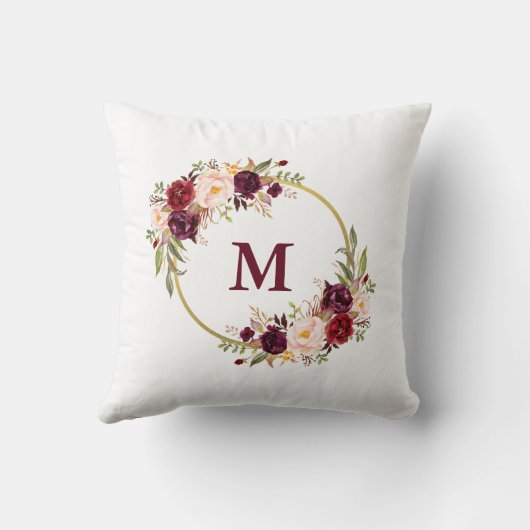 Watercolor Burgundy Floral Gold Monogram Kissen (Rückseite)