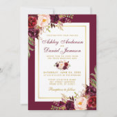 Watercolor Burgundy Floral Gold Wedite Einladung (Vorderseite)
