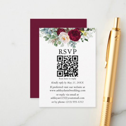 Watercolor Burgundy Floral Greenery QR UAWG Begleitkarte (Vorderseite/Rückseite Beispiel)