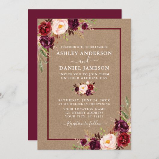 Watercolor Burgundy Floral Kraft Wedding Einladung (Vorne/Hinten)