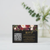 Watercolor Burgundy Floral QR Wedding RSVP Black Begleitkarte (Stehend Vorderseite)