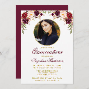 Watercolor Burgundy Floral Round Frame Quinceanera Einladung