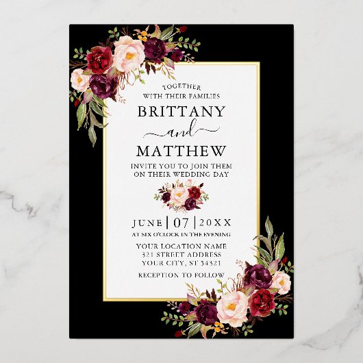 Watercolor Burgundy Floral Wedding Black Gold Folieneinladung (Vorderseite)