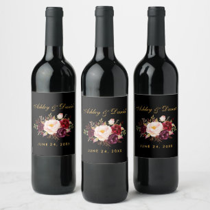 Watercolor Burgundy Floral Wedding Black Gold Weinetikett