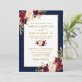 Watercolor Burgundy Floral Wedding Blue Gold Einladung (Stehend Vorderseite)