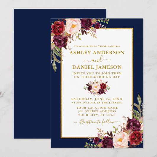 Watercolor Burgundy Floral Wedding Blue Gold Einladung (Vorne/Hinten)