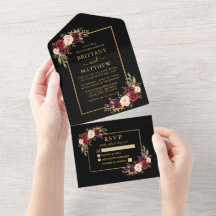 Watercolor Burgundy Floral Wedding Gold Black