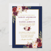 Watercolor Burgundy Floral Wedding Gold Blue Einladung (Vorderseite)