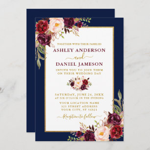 Watercolor Burgundy Floral Wedding Gold Blue Einladung
