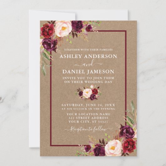 Watercolor Burgundy Floral Wedding Kraft Einladung (Vorderseite)