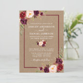 Watercolor Burgundy Floral Wedding Kraft Einladung (Stehend Vorderseite)