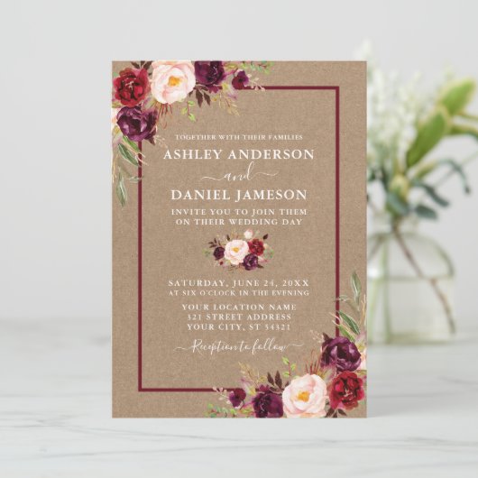 Watercolor Burgundy Floral Wedding Kraft Einladung (Stehend Vorderseite)