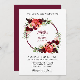 Watercolor Burgundy Floral Wreath Boho Wedding Einladung