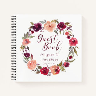 Watercolor Burgundy Floral Wreath Gästebuch Notizbuch