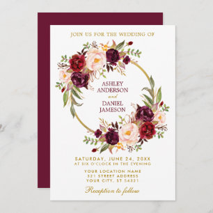 Watercolor Burgundy Floral Wreath Gold Wedding B Einladung