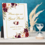 Watercolor Burgundy Gold Wedding Guestbook Fotoplatte<br><div class="desc">Aquarell Floral Burgundy Gold Wedbook Table Plaque</div>