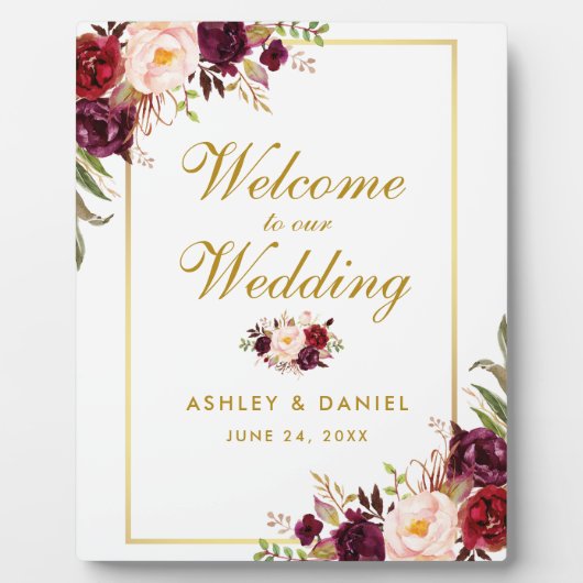 Watercolor Burgundy Gold Wedding Willkommen Fotoplatte (Vorderseite)