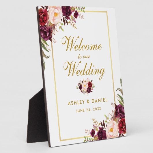 Watercolor Burgundy Gold Wedding Willkommen Fotoplatte (Seite)