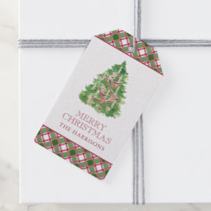 Watercolor Burgundy & Green Karierter Weihnachtsba Geschenkanhänger