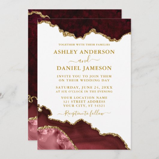 Watercolor Burgundy Marble Geode Wedding Einladung (Vorne/Hinten)