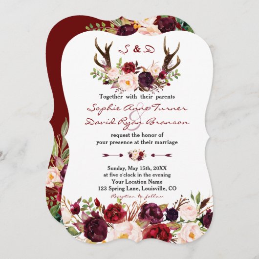Watercolor Burgundy Marsala Floral Antlers Wedding Einladung (Vorne/Hinten)
