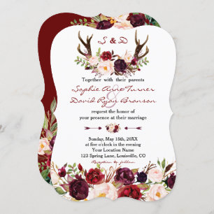 Watercolor Burgundy Marsala Floral Antlers Wedding Einladung