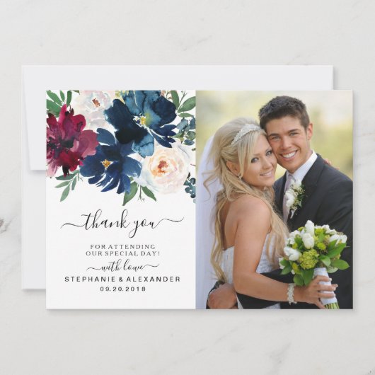 Watercolor Burgundy Navy Blume Hochzeit Vielen Dan Dankeskarte (Vorderseite)