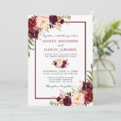 Watercolor Burgundy Pink Floral Wedding Einladung (Stehend Vorderseite)