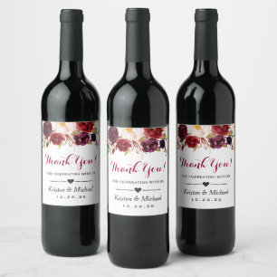 Watercolor Burgundy Red Floral Wedding Vielen Dank Weinetikett