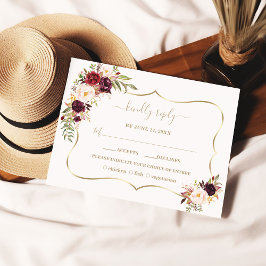 Watercolor Burgundy Red Pink Floral Gold Wedding RSVP Karte