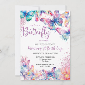 Watercolor Butterfly Baby Girl's 1. Geburtstag Einladung