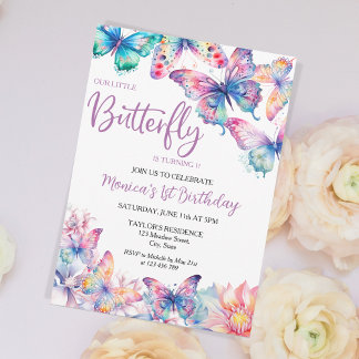 Watercolor Butterfly Baby Girl's 1. Geburtstag Einladung
