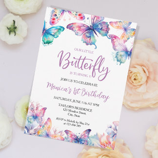 Watercolor Butterfly Baby Girl's 1. Geburtstag Einladung