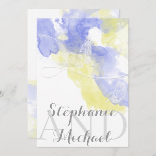 Watercolor Butterfly Periwinkle Wedding Einladung (Vorne/Hinten)