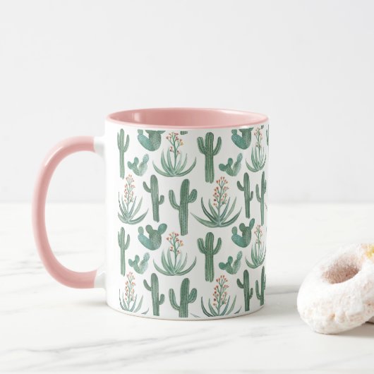 Watercolor Cactus et succulents Wüstenmuster Pink Tasse (Mit Donut)
